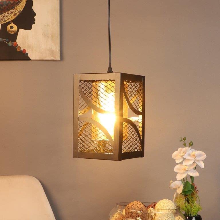 ELIANTE Iron Hanging Light Black Base Gold Glass Shade Hanging Light for Living Room, Bedroom, Dining Room, Kitchen