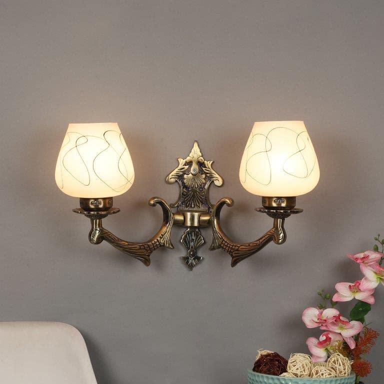 ELIANTE Antique Gold Aluminium Base White Glass Shade Wall Light - 8753-2W - Without Bulb