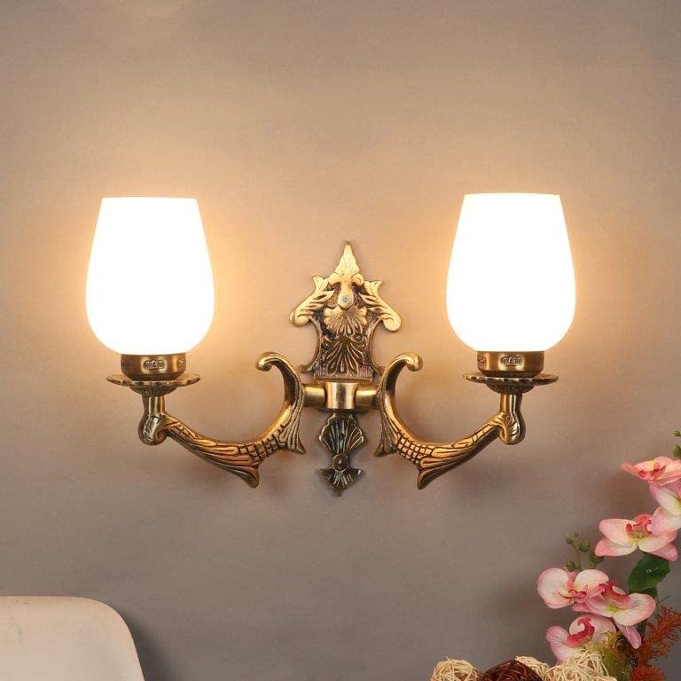 ELIANTE Antique Gold Aluminium Base White Glass Shade Wall Light - 8754-2W - Without Bulb