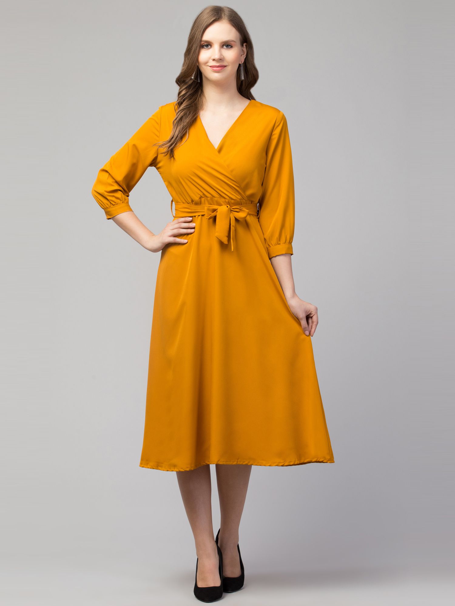 STYLZINDIA Mustard-Solid Belted Midi Dress for womens, casual & party wear