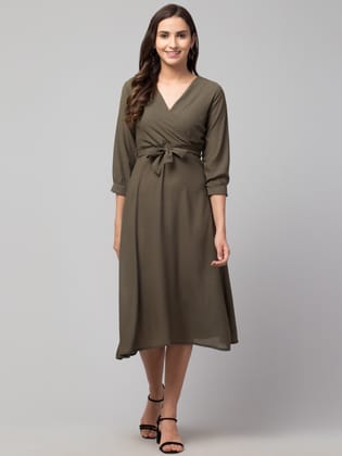 STYLZINDIA Olive-Solid Belted Midi Dress for womens, casual & party wear