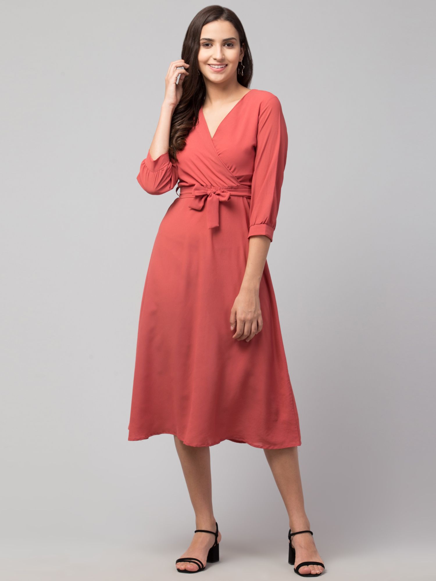 STYLZINDIA Peach-Solid Belted Midi Dress for womens, casual & party wear