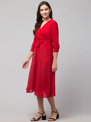 STYLZINDIA Red-Solid Belted Midi Dress for womens, casual & party wear