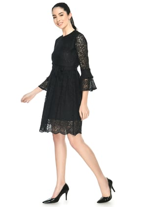 STYLZINDIA Black-Knee Length Flared Sleeves Lace Dress for womens, casual & party wear