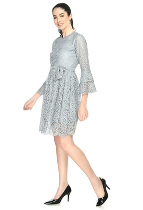 STYLZINDIA Grey-Knee Length Flared Sleeves Lace Dress for womens, casual & party wear