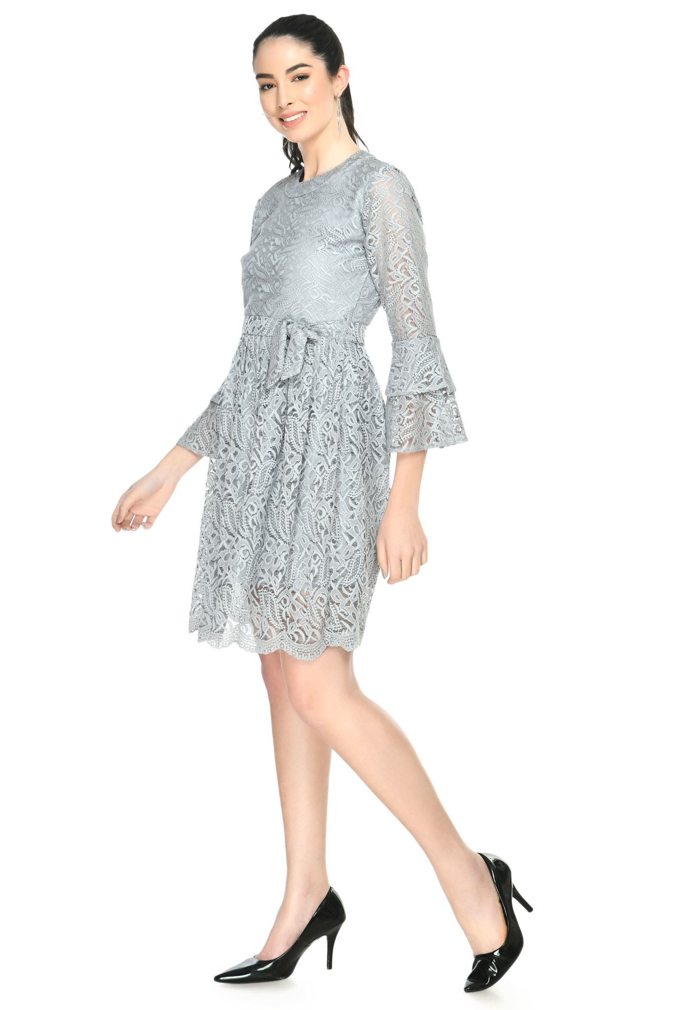 STYLZINDIA Grey-Knee Length Flared Sleeves Lace Dress for womens, casual & party wear