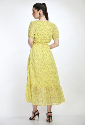 STYLZINDIA- Yellow-Womens Elegant Floral Printed Georgette A-Line Dress for womens, casual & party wear