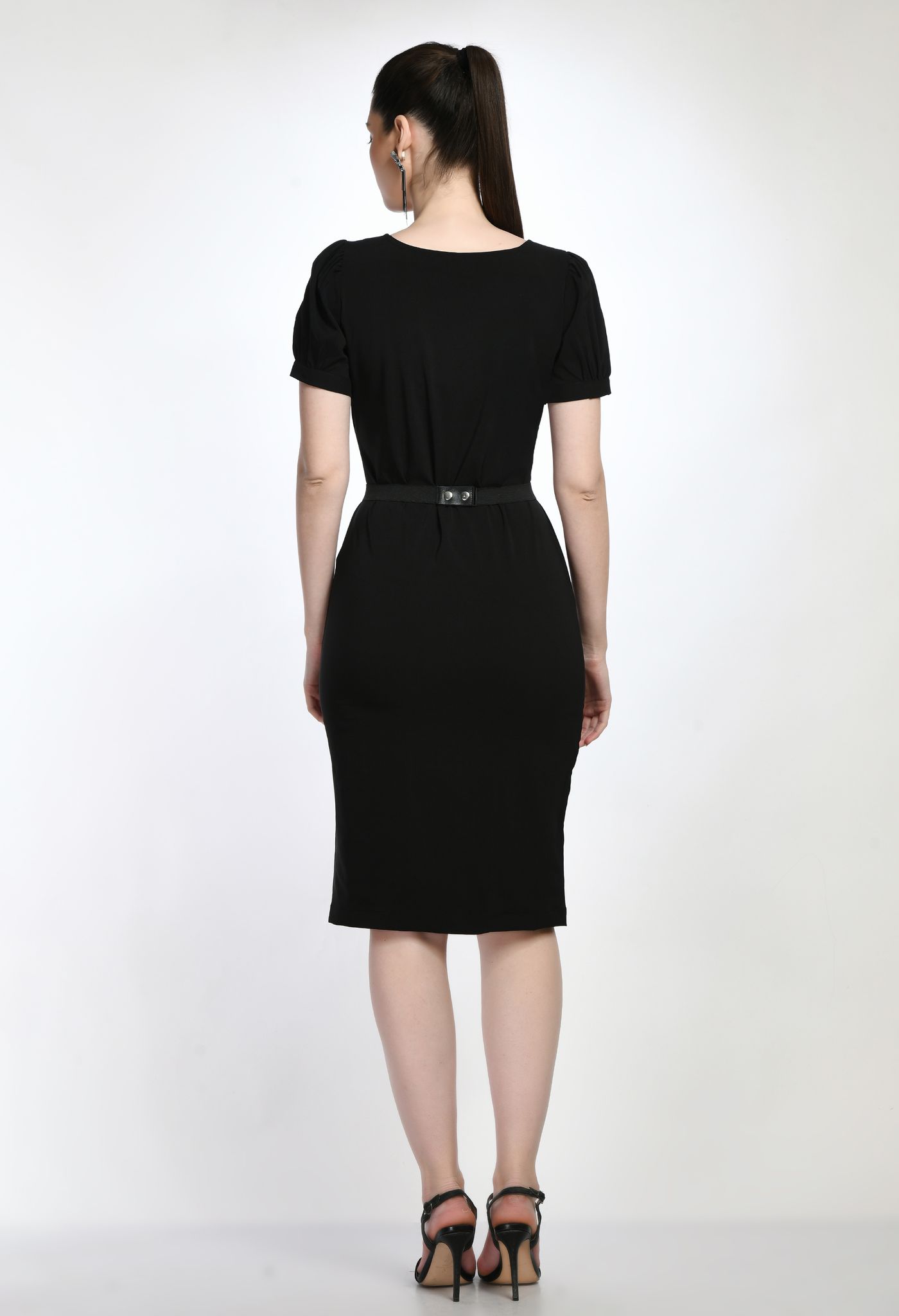 STYLZINDIA-Black-Elegant Solid Belted Sheath Dress for womens, casual & party wear