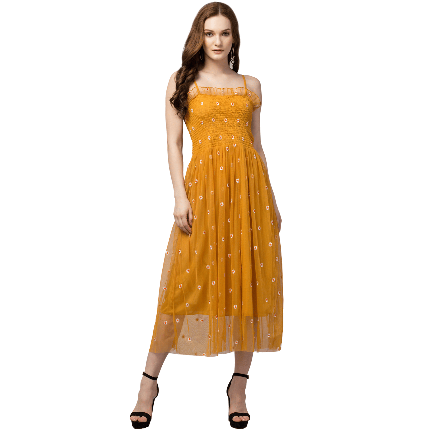 STYLZINDIA Mustard Fit and Flare Knee-Length Embroidery Neted Trendy Crochet Mesh Western Dress for womens, casual & party wear