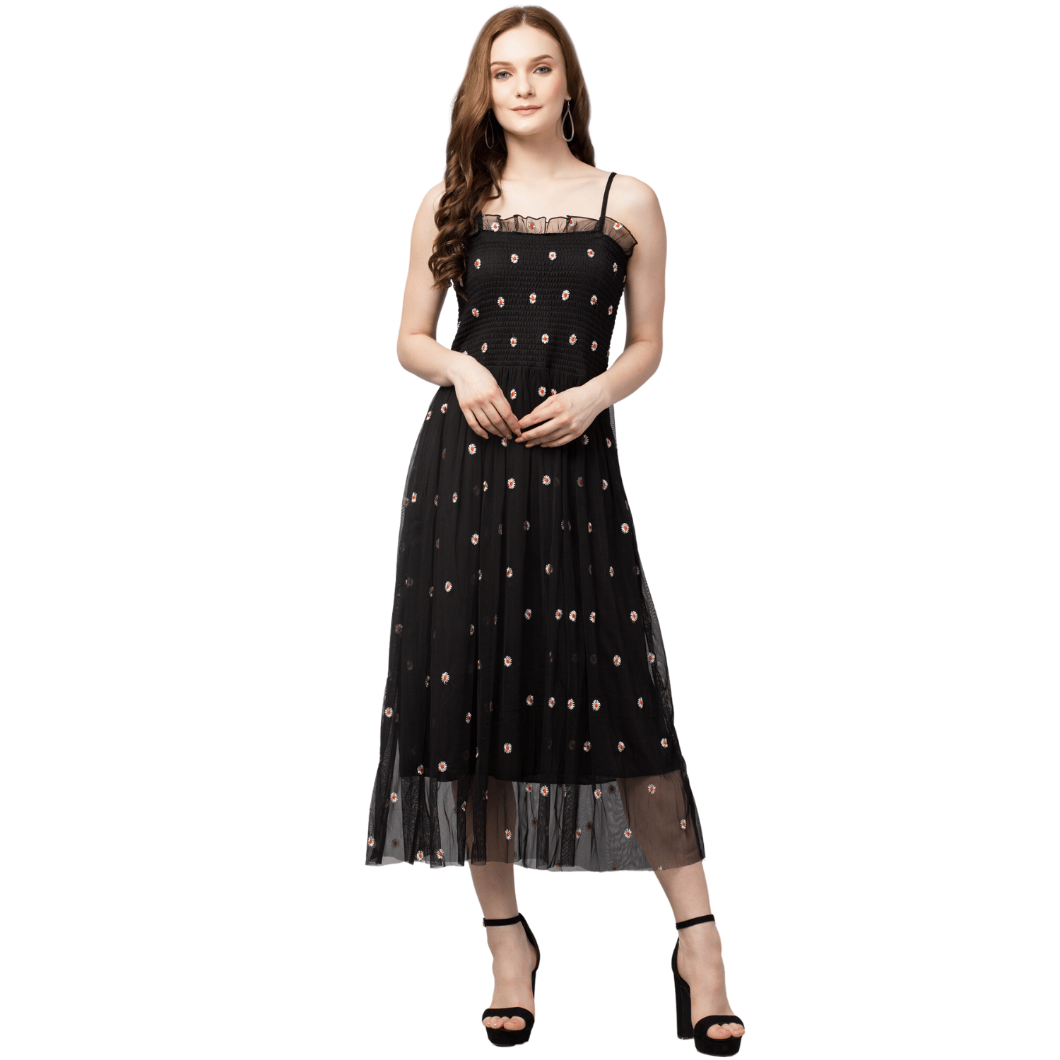 STYLZINDIA Black Fit and Flare Knee-Length Embroidery Neted Trendy Crochet Mesh Western Dress for womens, casual & party wear