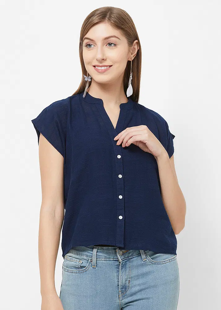 Women Solid Textured Navy Short Sleeve Top