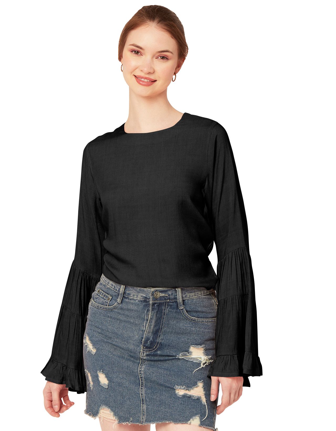 Moomaya Solid Long Ruffle Bell Sleeve Top, Round Neck Casual Viscose Rayon Boho Top