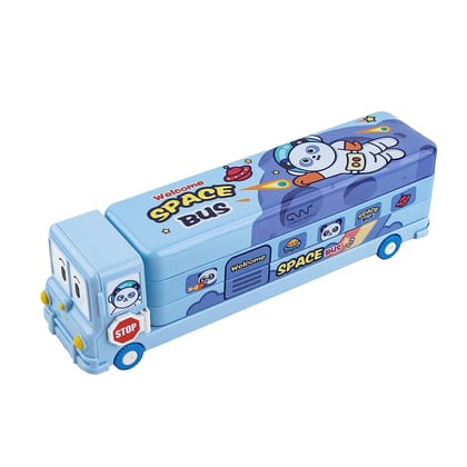 Cartoon Printed School Bus Matal Pencil Box with Moving Tyres and Sharpner for Kids - Blue