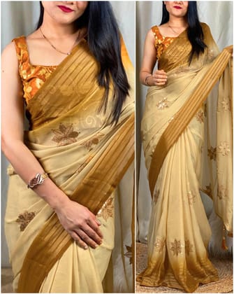 Women's Beige Bember Saree with Un-Stitched Blouse Piece