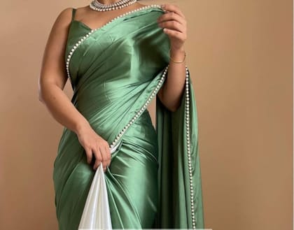 half half Green satin Saree with beautiful moti lace border