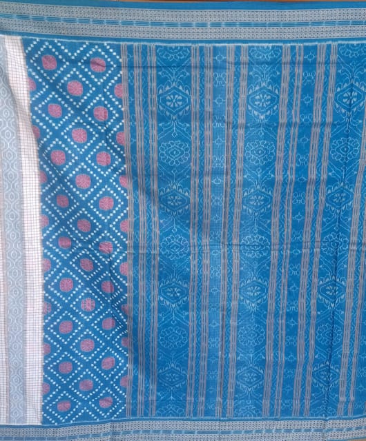 Sambalpuri Cotton ikkat Kargil Temple border saree (Blue) | Reeling Threads