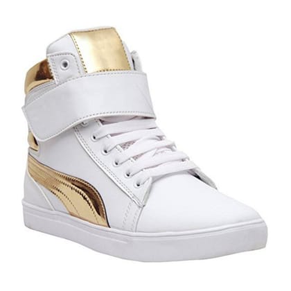 Shoe Island ® POPULAR Icon-X ™ Designer Leatherette High Ankle Length Velcro White Shinning Gold Casual Dance Sneakers