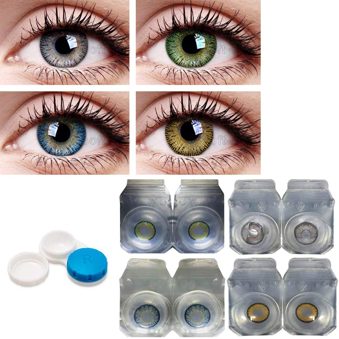 Soft Eye Combo Pack of 4 Pairs of Monthly Color Contact Lenses (Green,Grey,Blue & Hazel) (Zero Power/Lenses Only) With Case & Solution