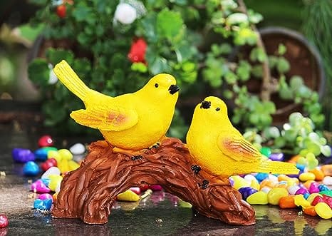 Handicrafted Polyresin Cute Bird Love Birds Sitting on Branch of Tree Statue for Home Decor,Yellow