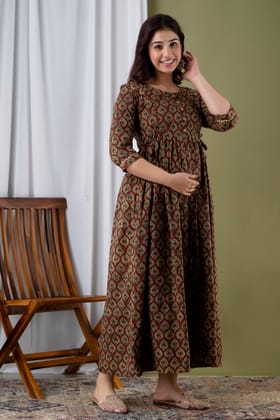 Women's Cotton Rayon A-Line Maternity Feeding marron Kurti with Zippers