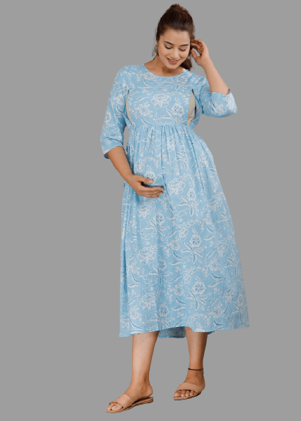 Women's Cotton Rayon A-Line Maternity Feeding SKY BLUE Kurti with Zippers