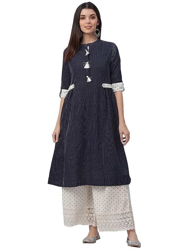 Nesara Navy Blue Printed Dobby Kurta With Palazzo