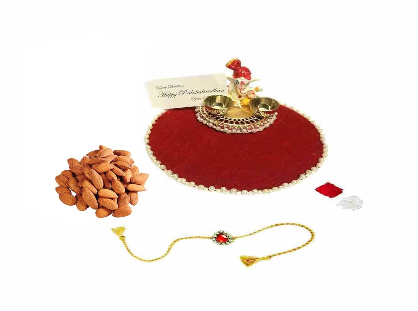 Loops n knots ? Red Rakhi Platter Velvet Pooja Thali For Rakshabandhan Gift for Brother with 1 Rakhi With Dry Fruit pl16213