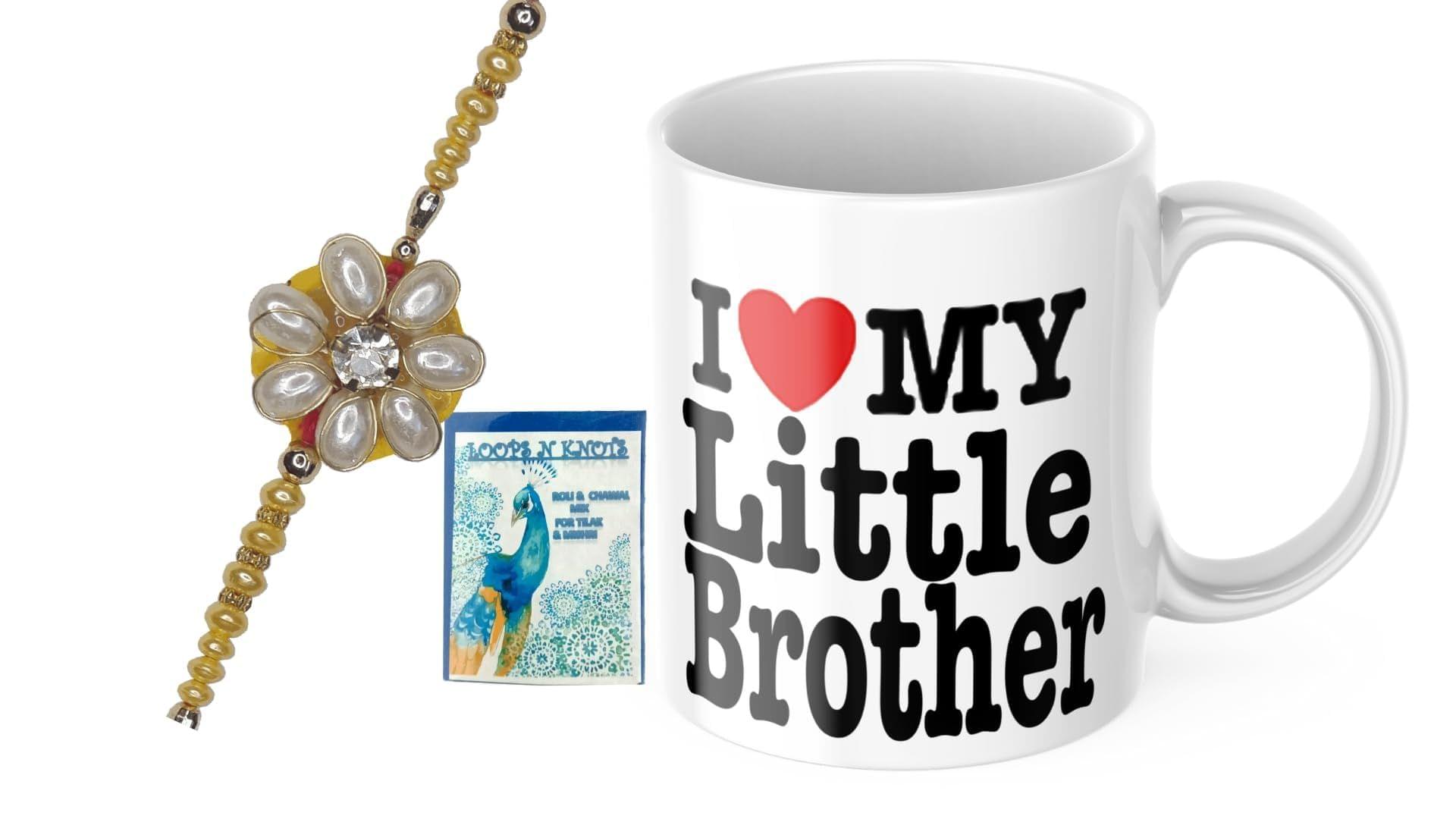 LOOPS N KNOTS Rakhi for Brother with Printed Ceramic Mug and Rakhi Combo |Pack of 3 (Roli Chawal, Rakhi, Printed Mug,) | Best Rakhi Gift for Brother R&M149A