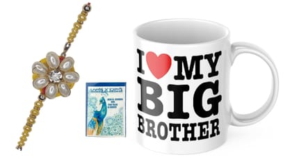 LOOPS N KNOTS Rakhi for Brother with Printed Ceramic Mug and Rakhi Combo |Pack of 3 (Roli Chawal, Rakhi, Printed Mug,) | Best Rakhi Gift for Brother R&M148