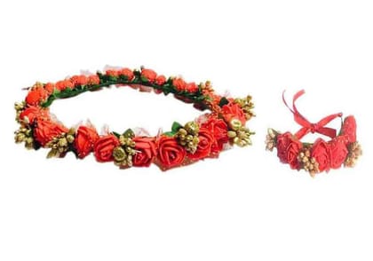 Loops n knots Women's Red & Golden Floral Tiara With wristband/Crown/Headband for Girls Hair Accessories for Birthday, Party