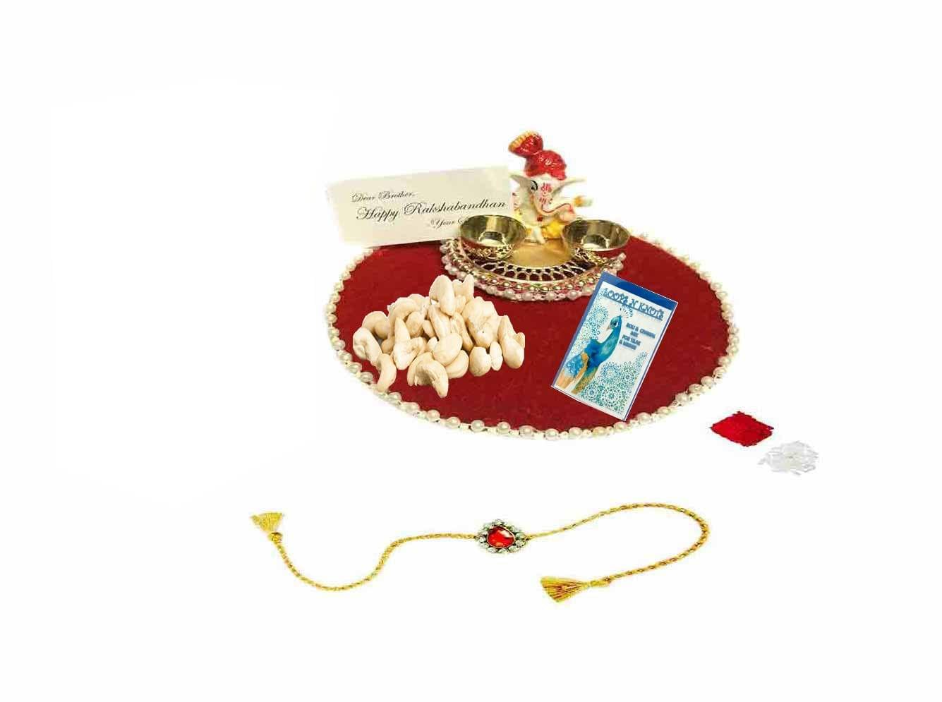 Loops n Knots Rakhi/Bhaidooj with Thali / Platter Roli Chawal and Raksha Bandhan Greeting Card, Chocolates & Roli Tika for Rakashabandhan (C)