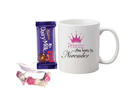 Loops n knots ? Princess Gift For Girls/Sister/Combo Pack :Ceramic Mug, Floral Wristband & Chocolate/Rakshabandhan/Birthday Gift For Girls (November)