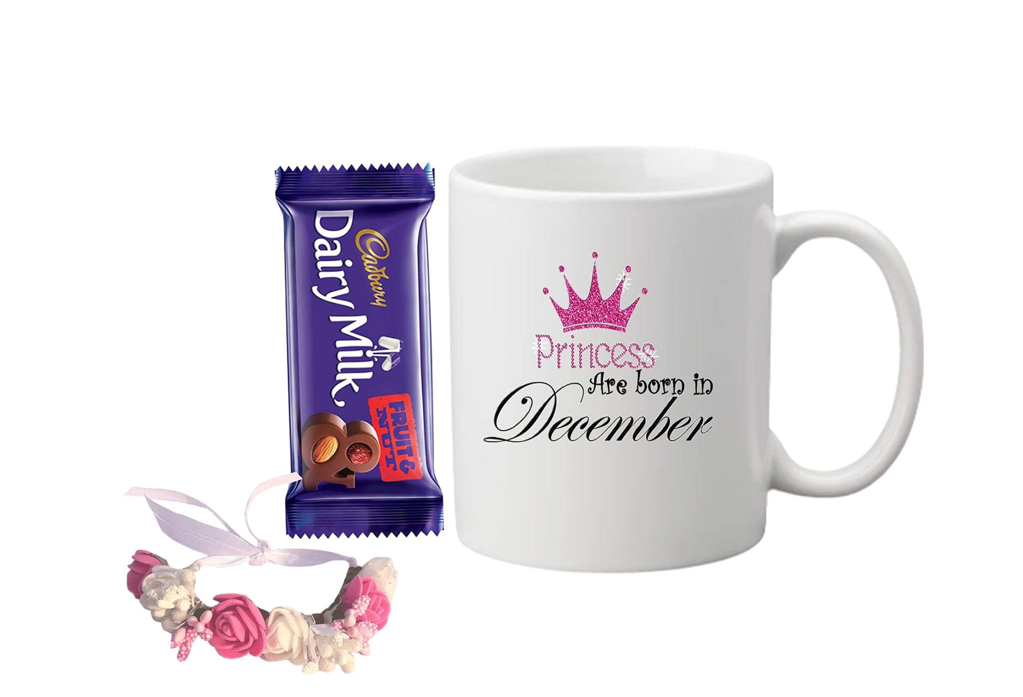 Loops n knots ? Princess Gift For Girls/Sister/Combo Pack :Ceramic Mug, Floral Wristband & Chocolate/Rakshabandhan/Birthday Gift For Girls (December)