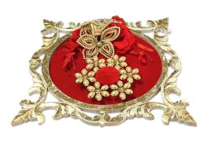 Loops n Knots Texture Red & Golden Wedding RingTray /Engagement Ring Platter with Single Ring Holder