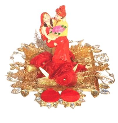 Loops n Knots Red & Golden Wedding Ring Tray/Engagement Ring Platter with 2 Ring Holder