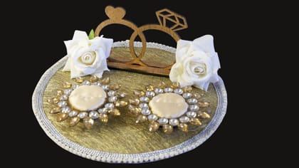 LOOPS N KNOTS White & Golden Wedding Gift Hamper Wedding Ring Platter With 2 Ring Holders For Wedding & Engagement