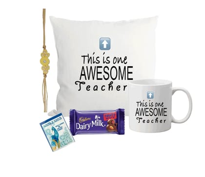 LOOPS N KNOTS Chocolate, Rakhi for Teacher Brother with Printed 'This is One Awesome Teacher' Cushion, Ceramic Mug, and Rakhi Combo | Pack of 3"