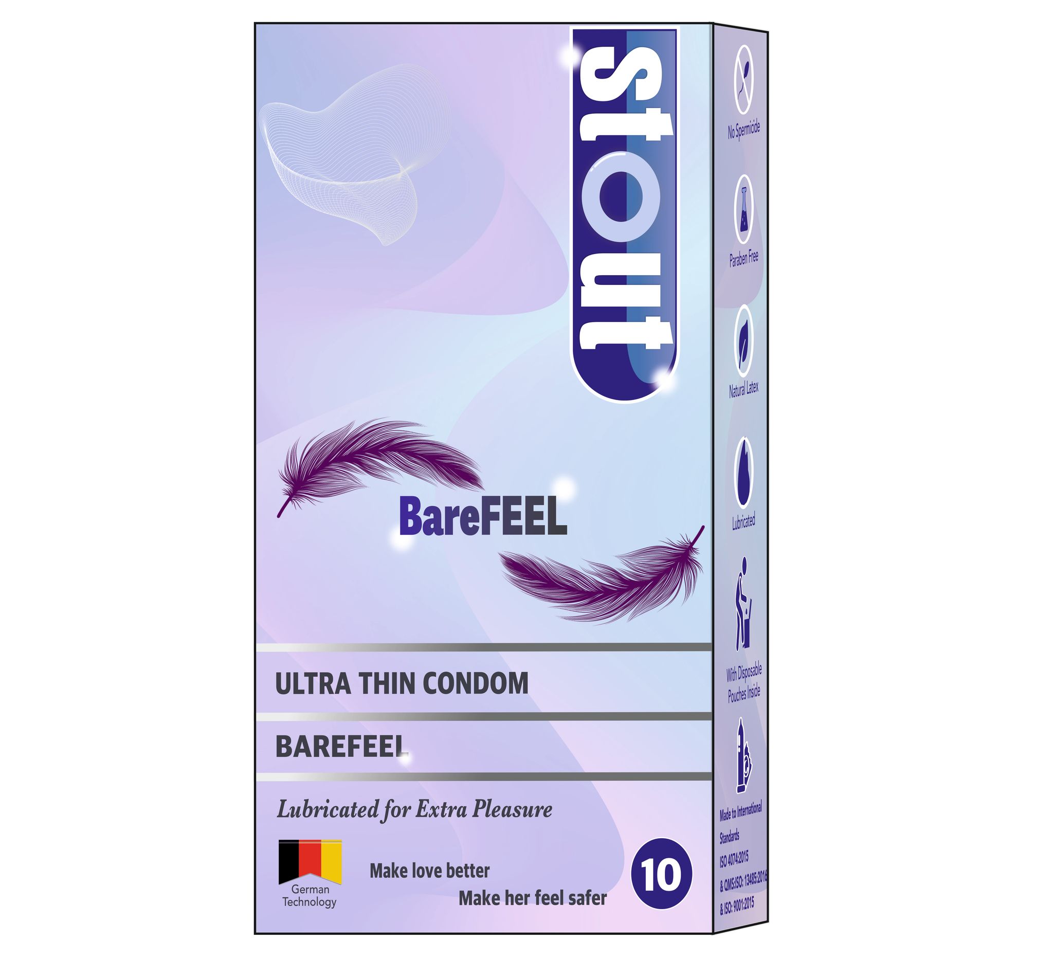 Stout Ultra Thin Highest Grade Latex BareFeel Condoms for Men |Extra Lubricated, Non-Flavoured for Extra Pleasure | Thinnest Condom for BareFeel - 10 Count | Pack of 1