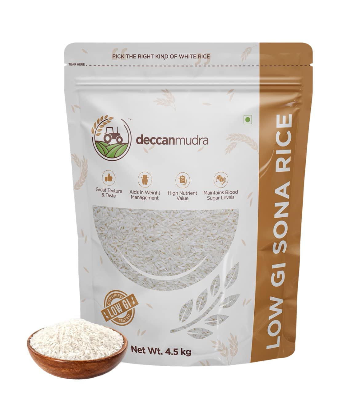 Deccan Mudra Low GI (Glycemic Index) | Diabetic Single Polish White Rice | Telangana Sona Rice | Low Fat | High Protein | High Fibre - 5 kg (Pack of 1)