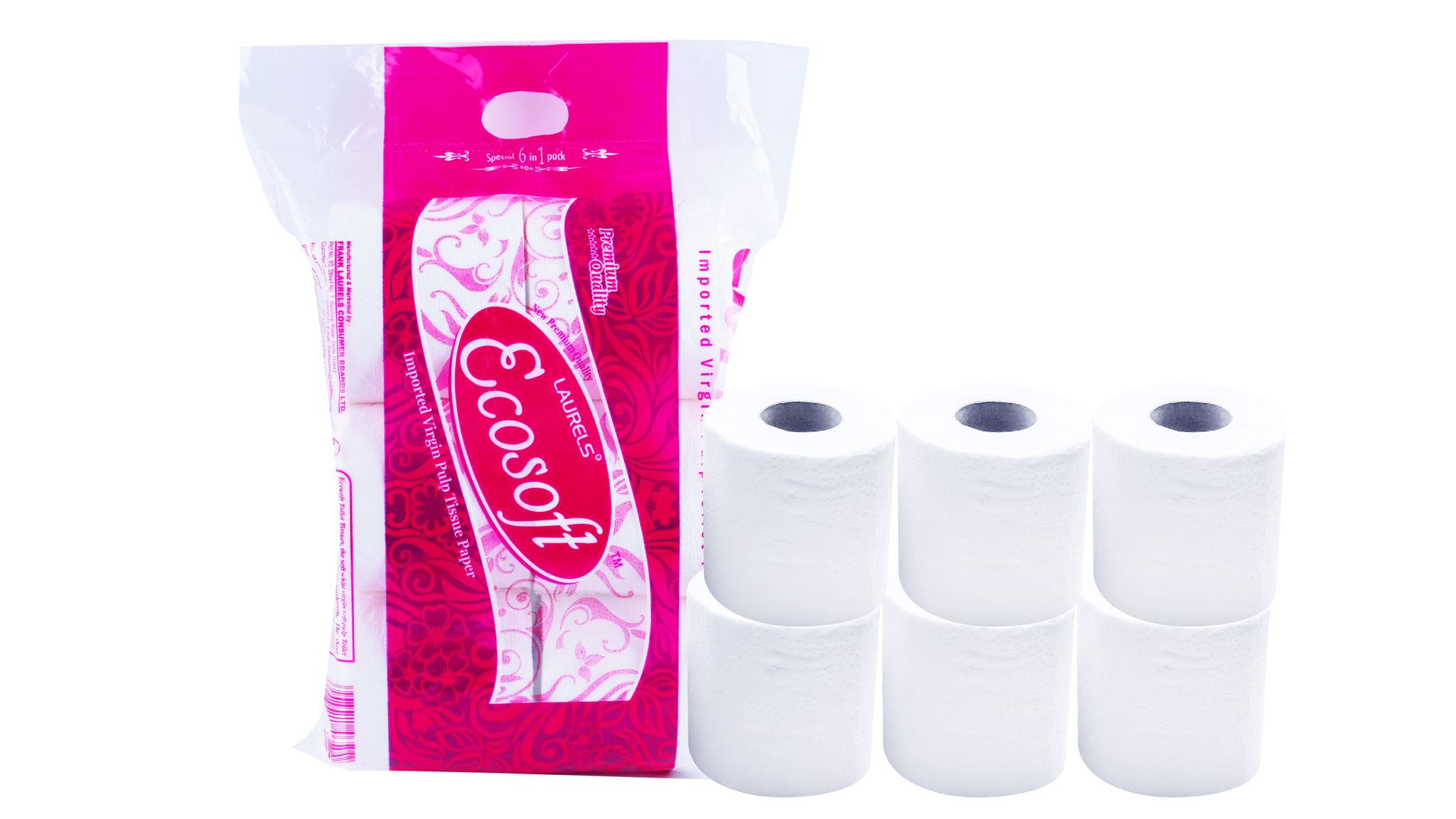 LAURELS® – EcoSoft Toilet Tissue Paper Roll – 320 Pulls - 2 Ply – Pack of 6 (3840 Sheets) 10x10 cms.