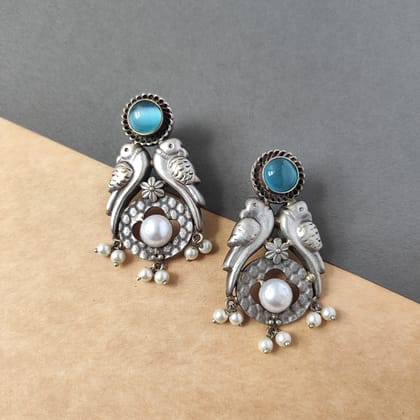 Silver Look Alike oxidized Monalisa Blue Stone Statement Dangle Earring