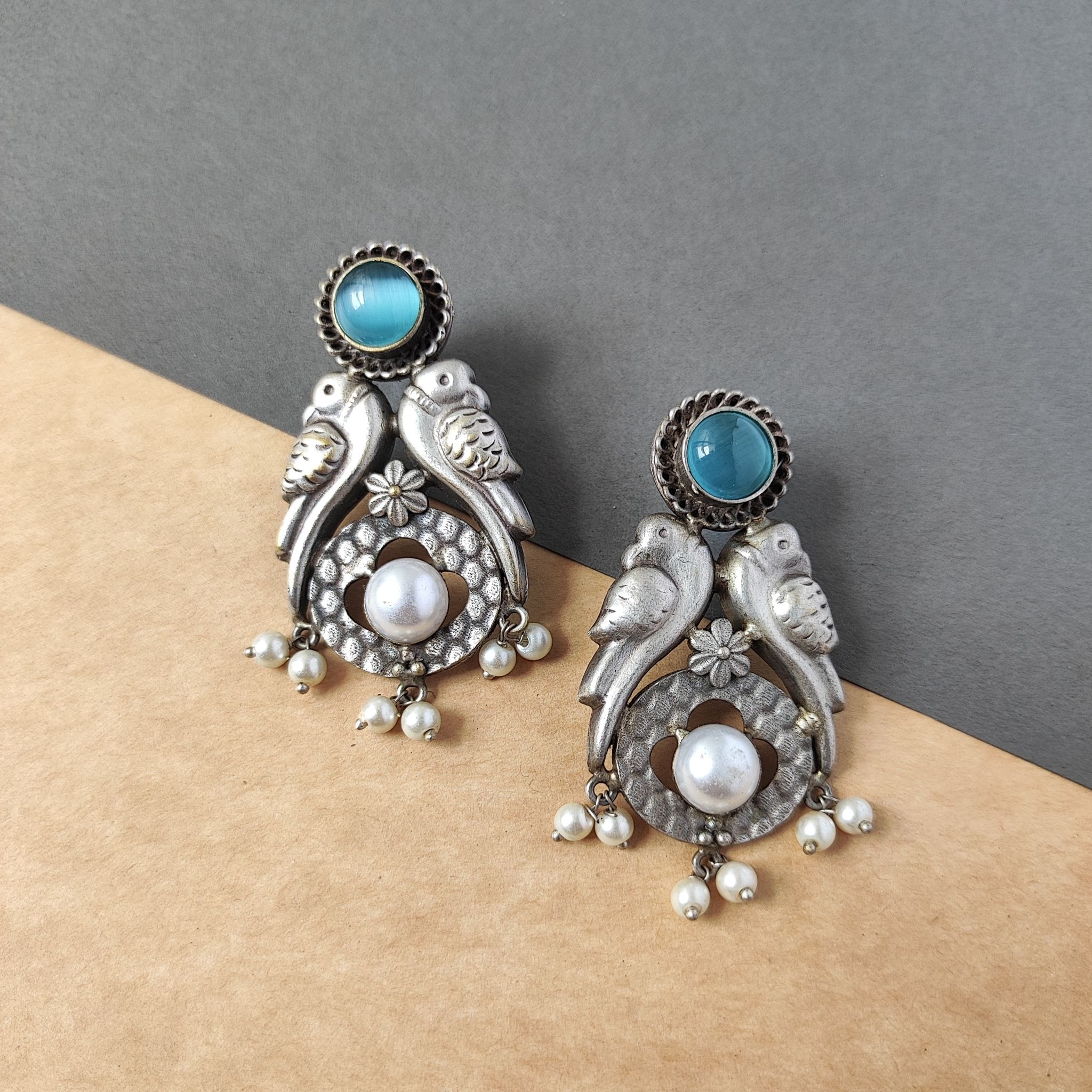 Silver Look Alike oxidized Monalisa Blue Stone Statement Dangle Earring