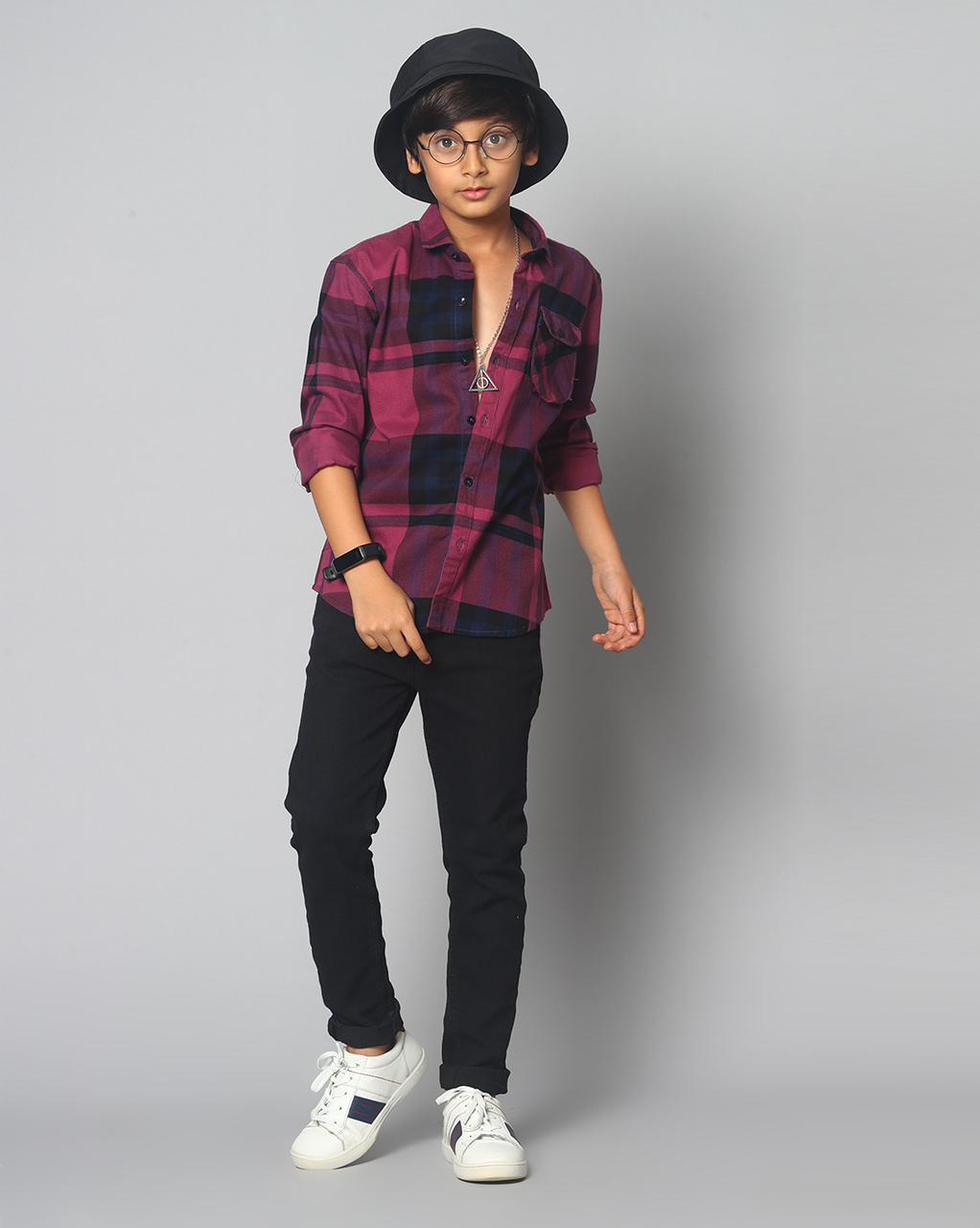 Printed checks shirt for boys-Maroon