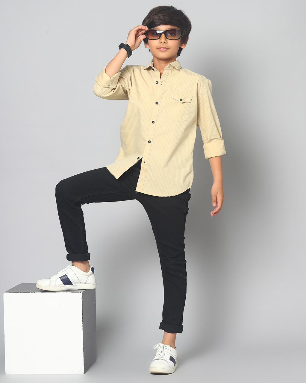 Slim Fit Solid Spread Collar Casual Shirt-Beige