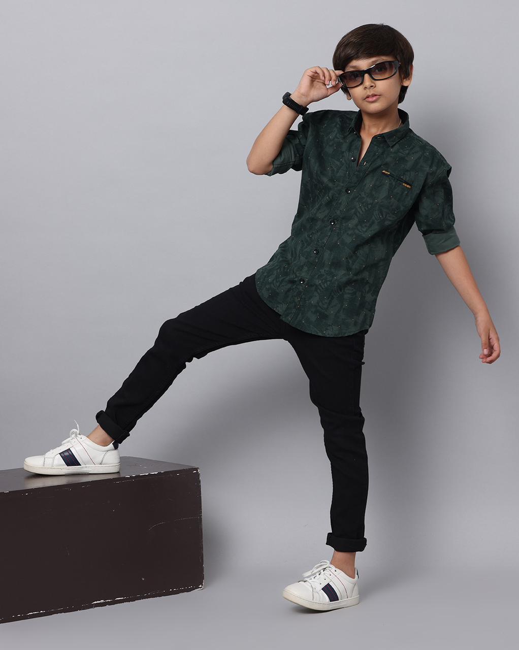 Boys Regular Fit Checkered Spread Collar Casual Shirt-Green