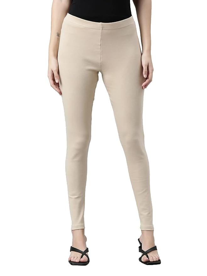 Maya Boutique Women Mid Rise Ribbed Warm Leggings-Light Beige