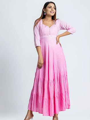 Pink Embroidered Gota Patti Cotton Long Dress