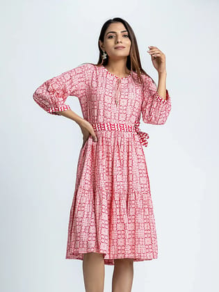 Red Block Print Cotton Short Dress