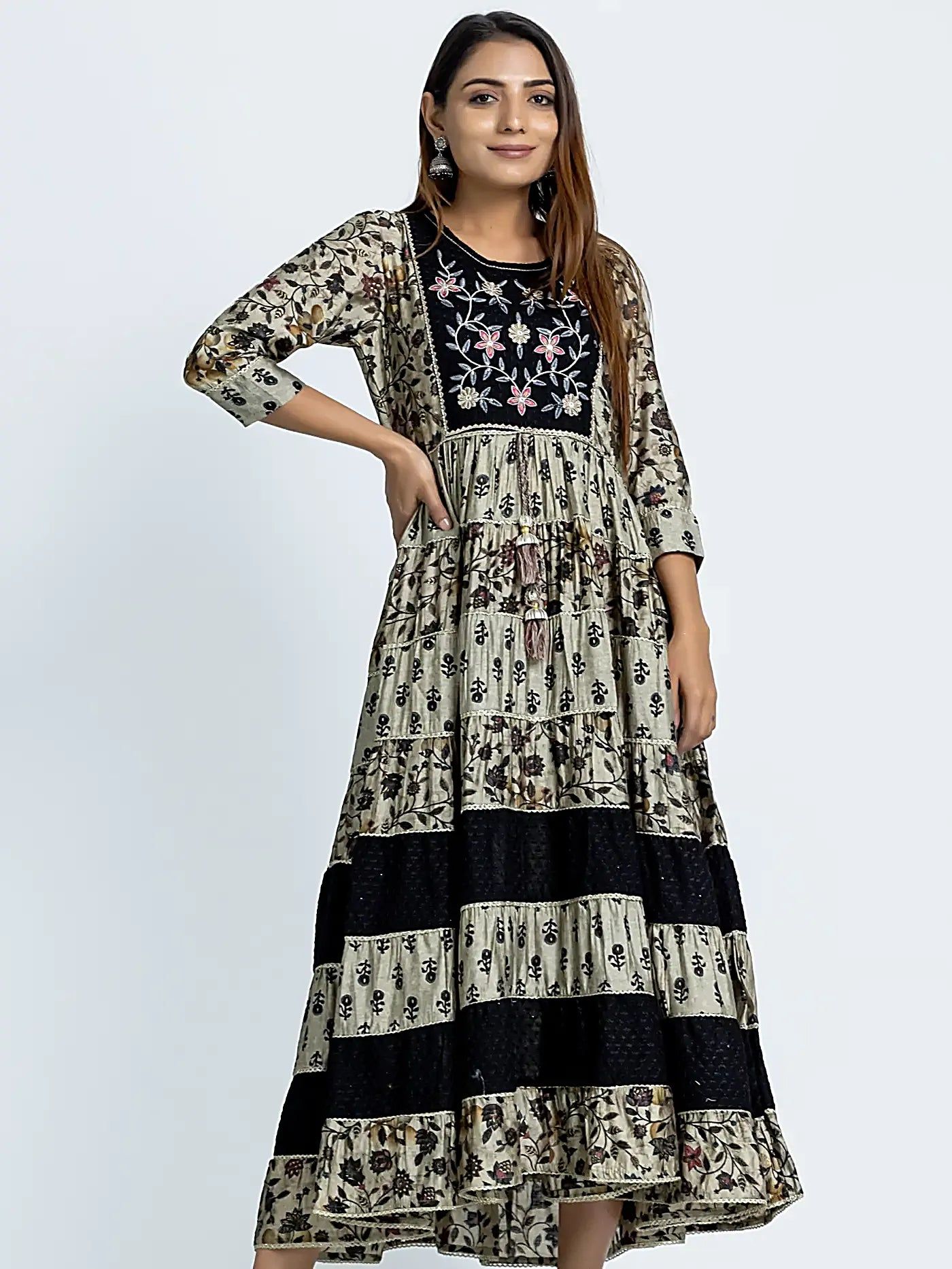 Black Embroidered Floral Muslin Long Dress