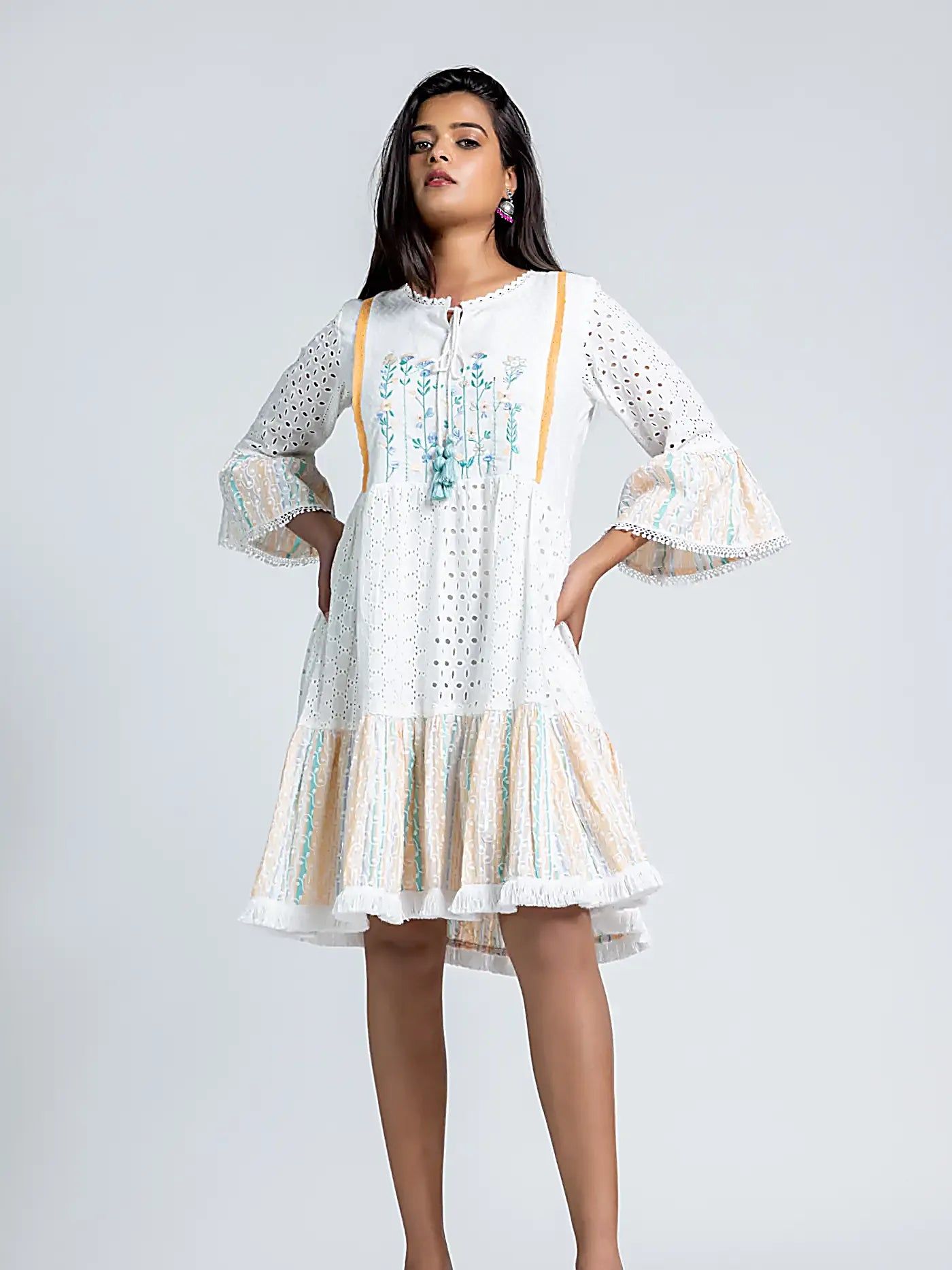 White and Peach Embroidered Schiffli Cotton Dress